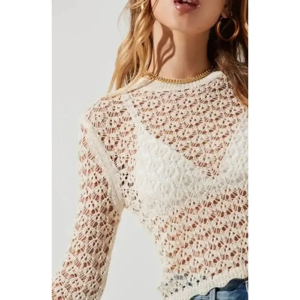 ASTR Cream Crochet Knitted High Neck Long Sleeve Pullover Crop Sweater Top XS